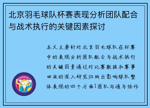北京羽毛球队杯赛表现分析团队配合与战术执行的关键因素探讨