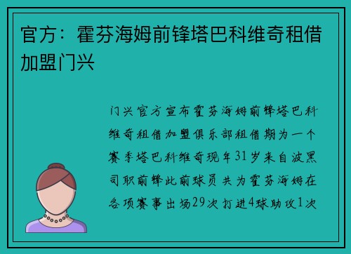 官方：霍芬海姆前锋塔巴科维奇租借加盟门兴
