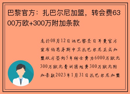 巴黎官方：扎巴尔尼加盟，转会费6300万欧+300万附加条款
