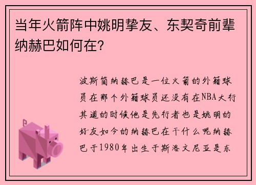 当年火箭阵中姚明挚友、东契奇前辈纳赫巴如何在？